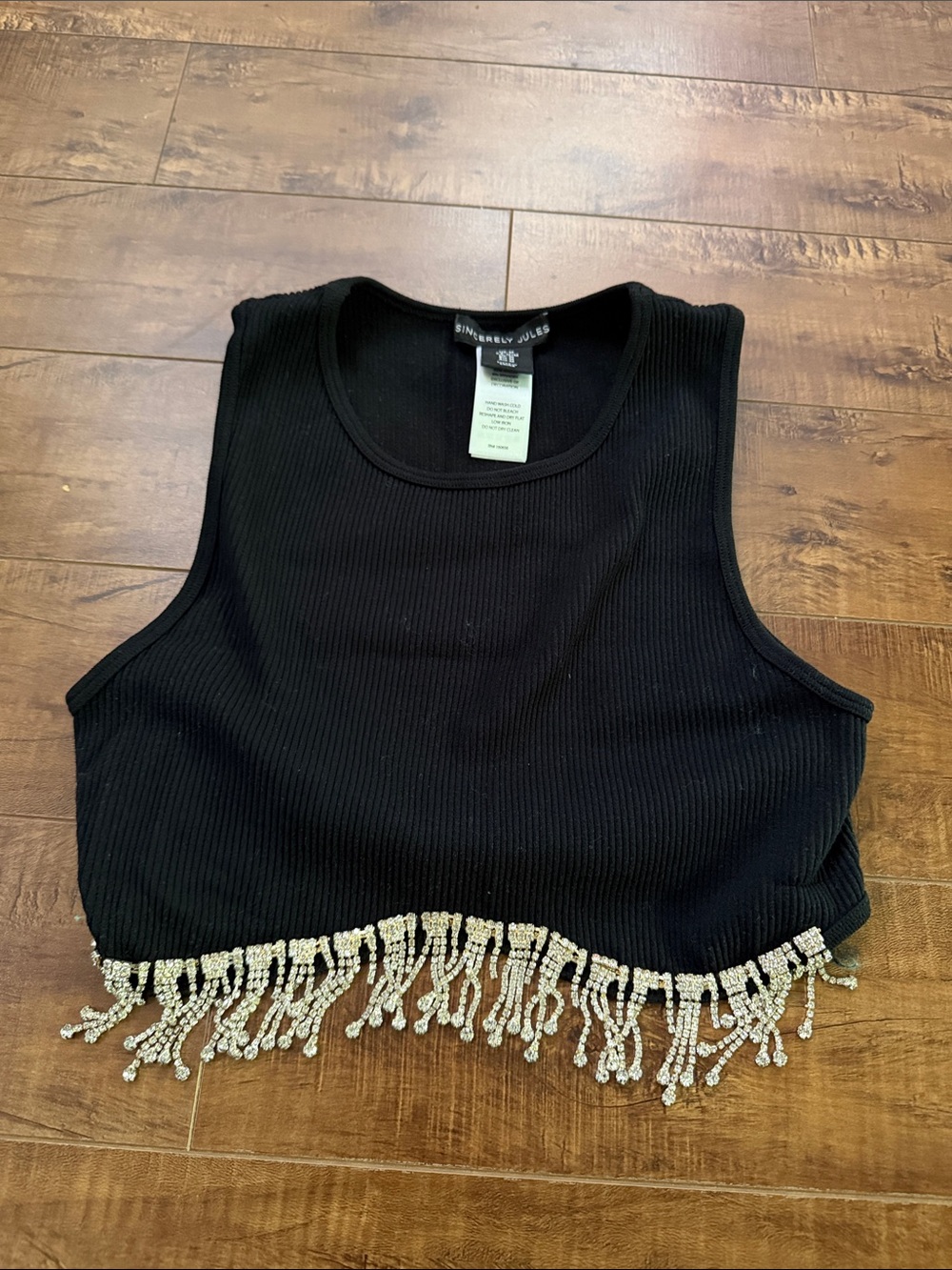 Sincerely Jules Black Ribbed Crop Tank with Beaded Fringe Hem
